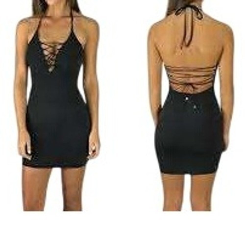 Hello Molly Black Halterβ Lace Up Bodycon Mini Dress 8 Y2K
